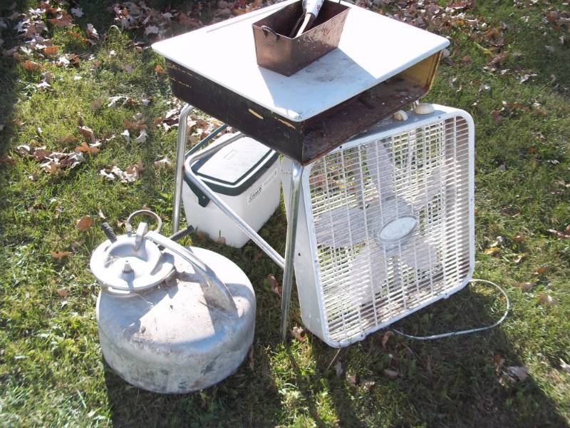 lot 337 image: School desk, milking can, fan and cooler