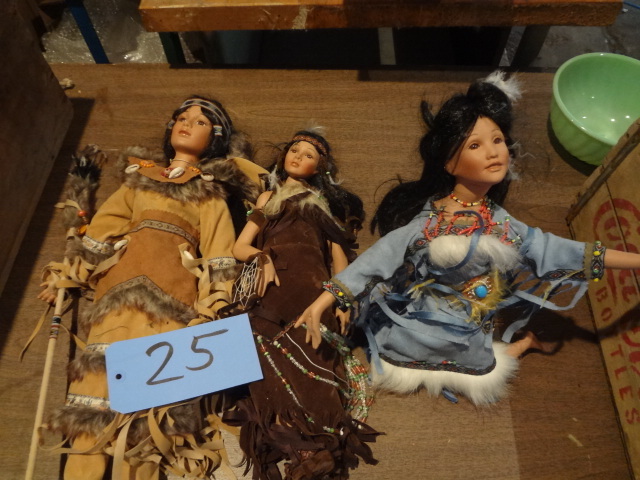 lot 25 image: (3) Porcelain Native dolls wWood Box