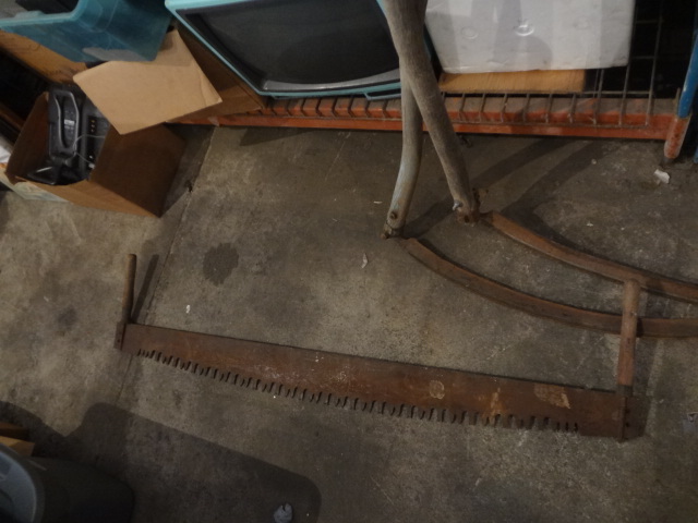 lot 107 image: Old Swede Saw, 2 Scythes, Screen