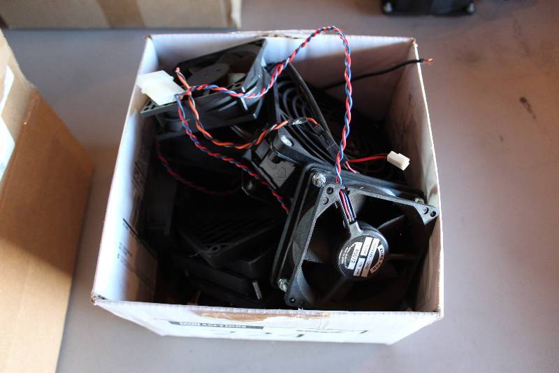 Box Lot of Fans wMounting Fixtures & Cords.