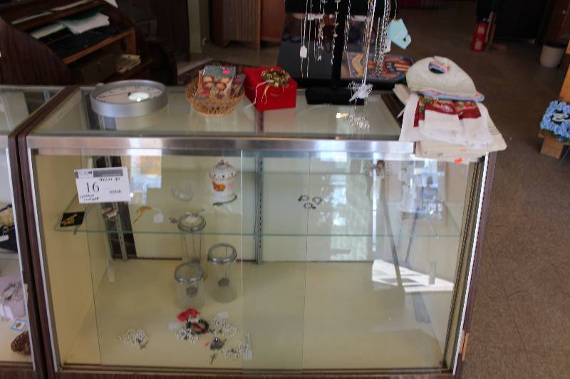 lot 16 image: Display Case wGlass Shelves Contents Included Decor, And More 48 x 24 x 40.