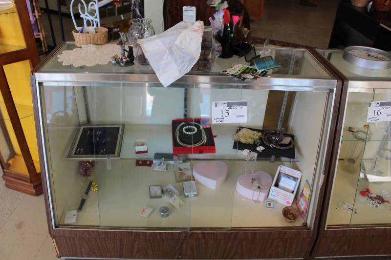 lot 15 image: Display Case wGlass Shelves Contents Included Decor, And More 48 x 24 x 40.