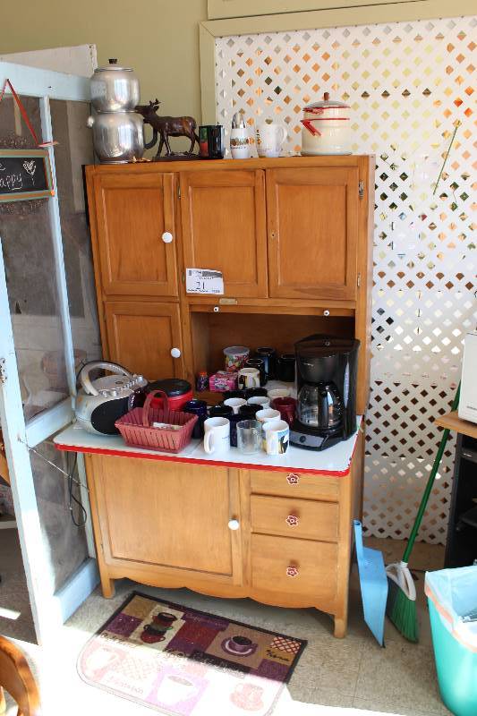 lot 21 image: Wooden Cabinets wShelf Includes Contents Coffee Mugs And More 40 x 21 x 67.