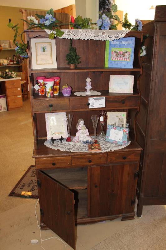 lot 8 image: Wooden Cabinet wShelves Contents Included 37 x 15 x 70.