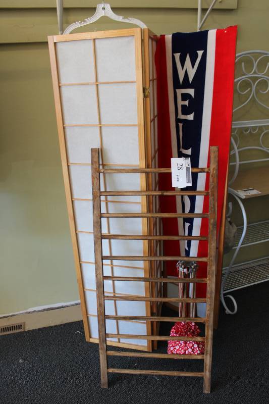 lot 28 image: Lot of (3) Inlcuding Wooden Rack Stand Screen.
