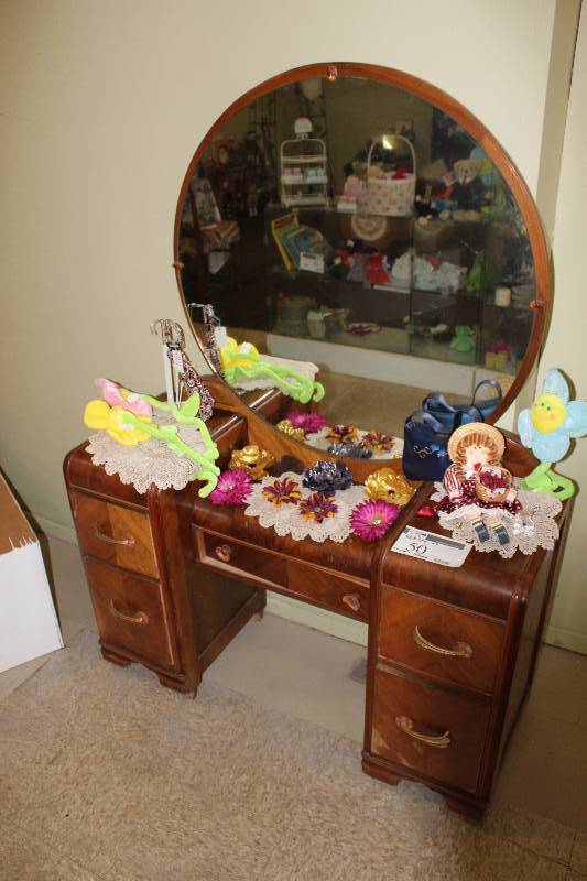 lot 50 image: Wooden Desk wMirror Contents Included 46 x 17 x 64.