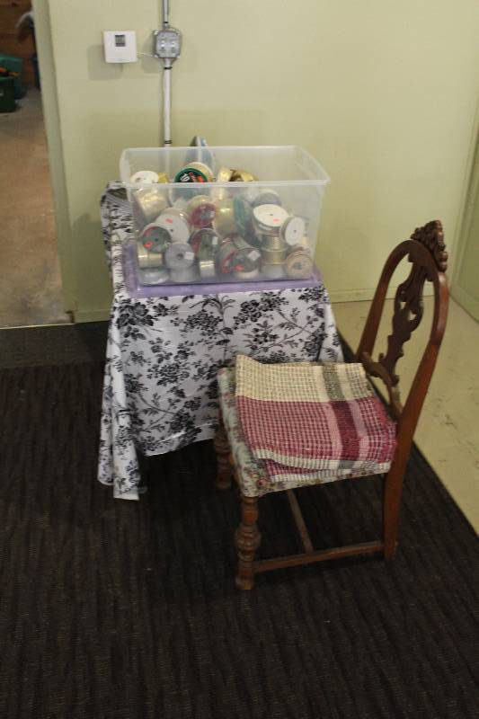 lot 47 image: Contents Of Corner Including Holiday Ribbon Table Wooden Chair And More.