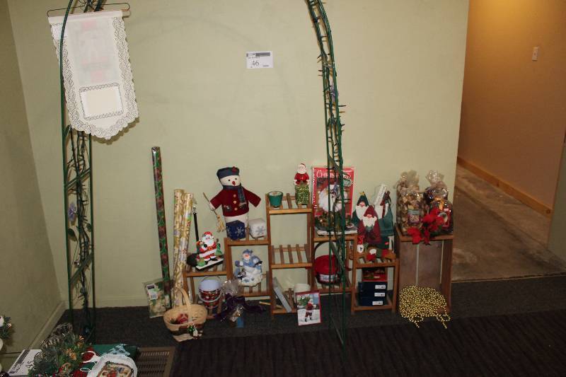 lot 46 image: Contents Of Corner Including Holiday Decorations Display Stand.