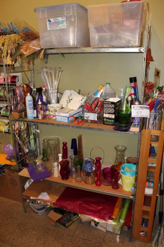 lot 57 image: Wooden Shelf Contents Included 48 x 18 x 74.