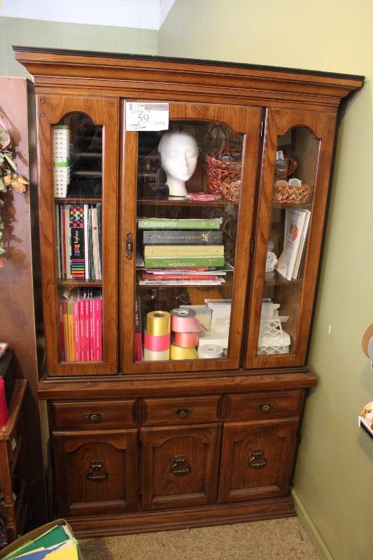 lot 59 image: Wooden Dresser wDoors Includes Contents 45 x 15 x 74.