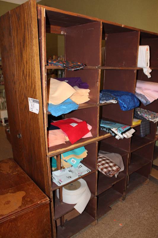lot 63 image: Wooden Organizational Shelf Includes Contents 86 x 17 x 68.