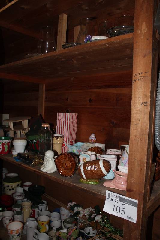 lot 105 image: Shelf Lot Including Home Decorations Collectible Mugs And More.