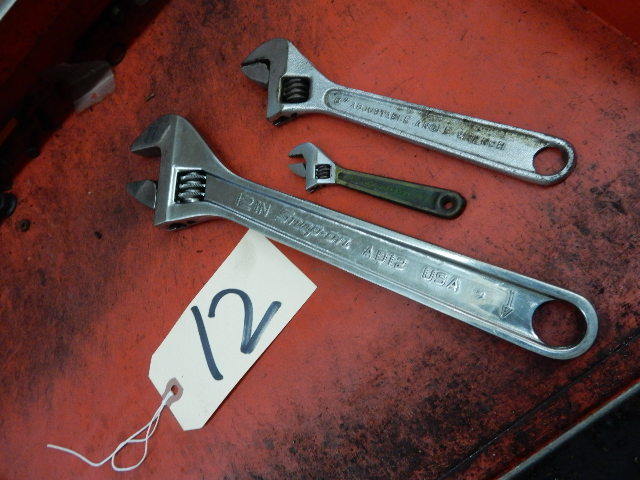 lot 12 image: 3, Crescent wrenches.. 1, 12in Snapon 1, 8in adjustable, small one