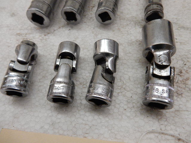 lot 112 image: SNAPON, METRIC 38 in drive, Deep well, 6pt, 10mm, 15mm, 15mm, 18 mm Shallow FLEX Sockets 10mm, 13mm, 15mm. Deep Flex  18mm