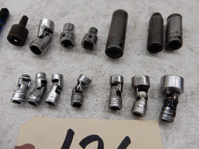 lot 126 image: SNAPON, 14in drive, 6pt flex sockets.  5mm, 7mm, 8mm, 10mm, 10mm, 13mm, 15mm Plus Various extra sockets.. Plus STYLUS pen light