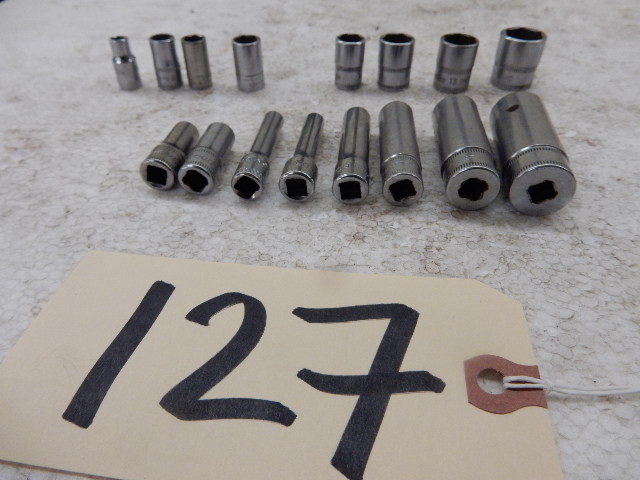 lot 127 image: SNAPON  14 in drive, Deep socket, 7mm, 8mm, 10mm, 13mm, 15mm.  Snapon, 6pt, 14in drive, 5.5mm, 8mm, 10mm, 12mm, 13mm, 15mm