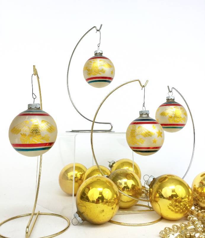 lot 11 image: Very large lot of vintage collectible shiny bright ornaments Gold tones including rare hand painted patriotic ornaments by shining bright