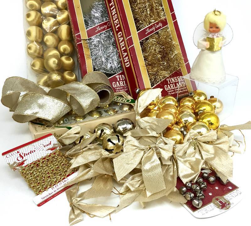 lot 20 image: Large lot of collectible Vintage Ornaments and Vintage 1960s Tinsel, Ribbons, Bells and more The Christmas tinsel is still in its original box never used