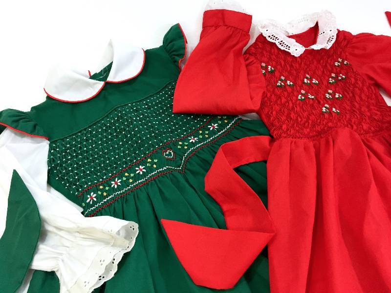 lot 22 image: lot of 2 Vintage highly resalable and collectible adorable and all things -ible Polly Flinders, hand smocked Christmas dresses girls size 6x.