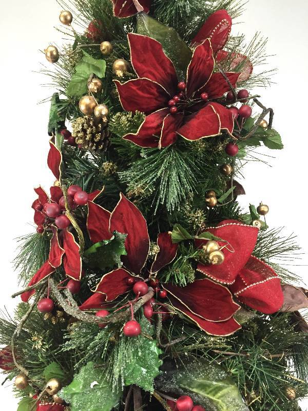 lot 47 image: Fully decorated 4 foot topiary tree with beautiful satin poinsettias in Gold metal decorative urn