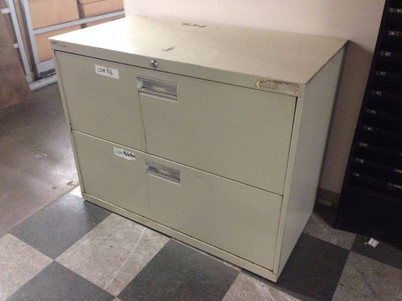lot 33 image: Tan Two Drawer Metal Filing Cabinet...
