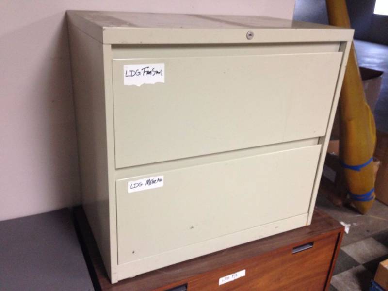 lot 35 image: Tan Two Drawer Metal Filing Cabinet...