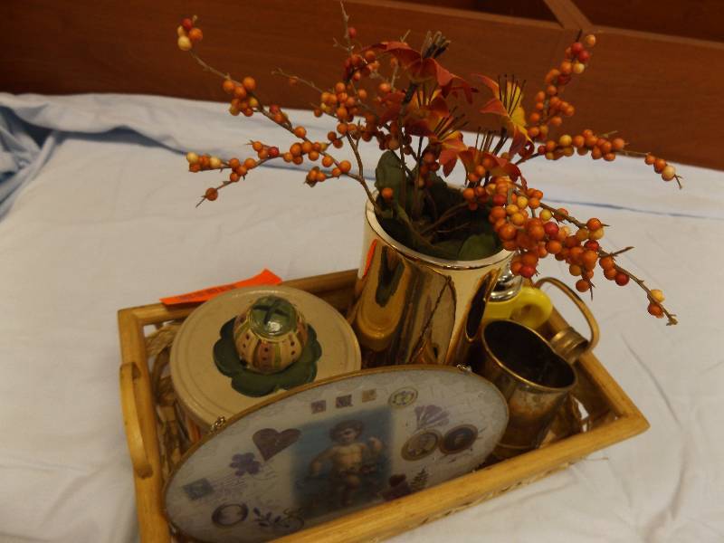 Wicker Basket with Avon Teapot, Vase and Decorated Trinket Holder. More