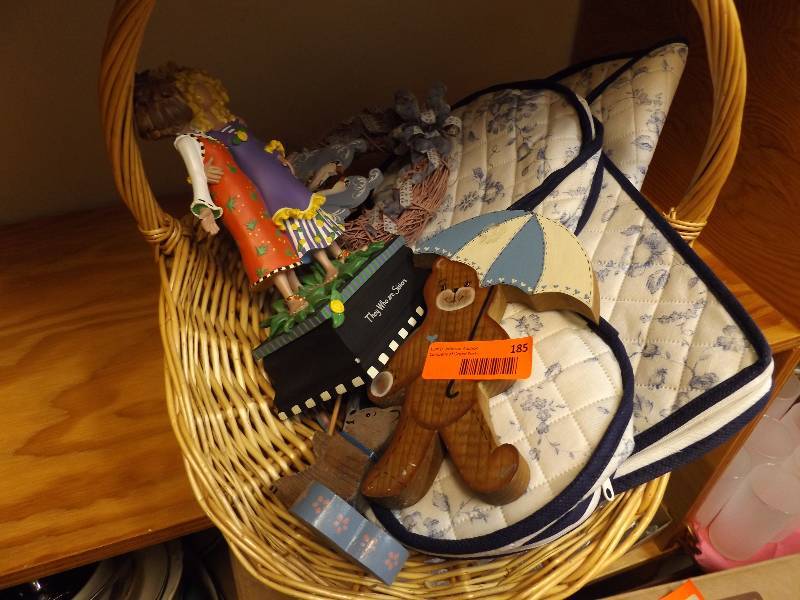 Wicker Basket with Kitchen Appliance Covers, Wood Bear, Statuette