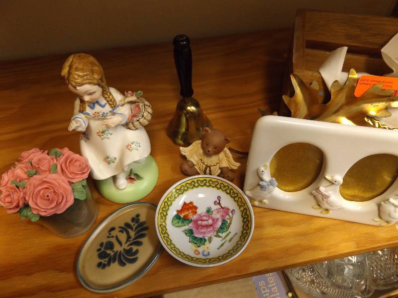 Wicker Basket with Ceramic Picture Frame, Ceramic Statue, Ceramic Roses, Bell