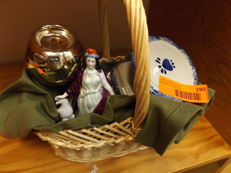 Wicker Basket with Oriental Ceramic Statue and Candleholders
