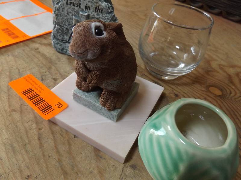 Sweet Rabbit Statue, Small Green Pottery Container, Trust in the Lord Stand