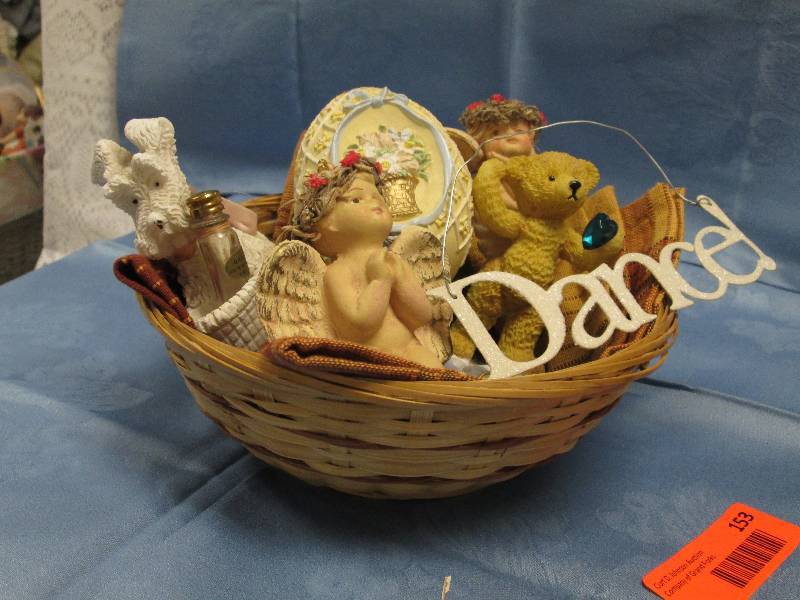 2 Wicker Baskets with figurines, Angel, Bear, more