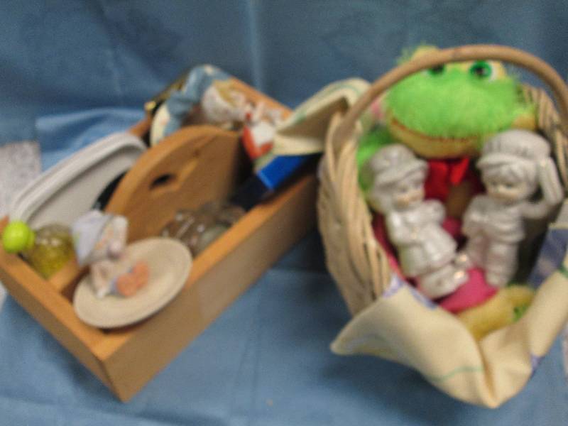 Wicker Basket, Wood Box with Curios