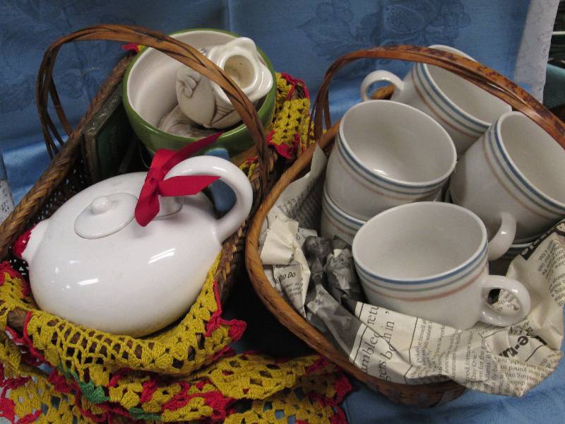 Wicker Baskets with Mugs, Teapot