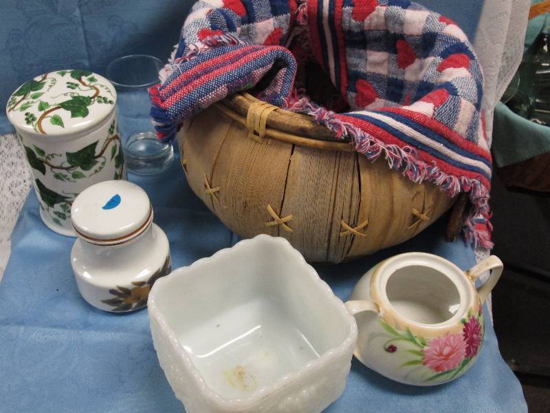 Wicker Basket with Curios, Milk Glass