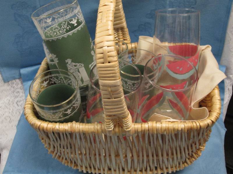 Wicker Basket with Decorative Glasses