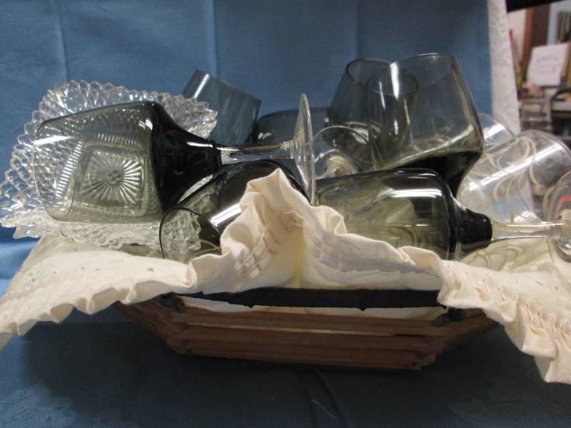 Wicker Basket with Smoky Stemmed Glasses and Clear