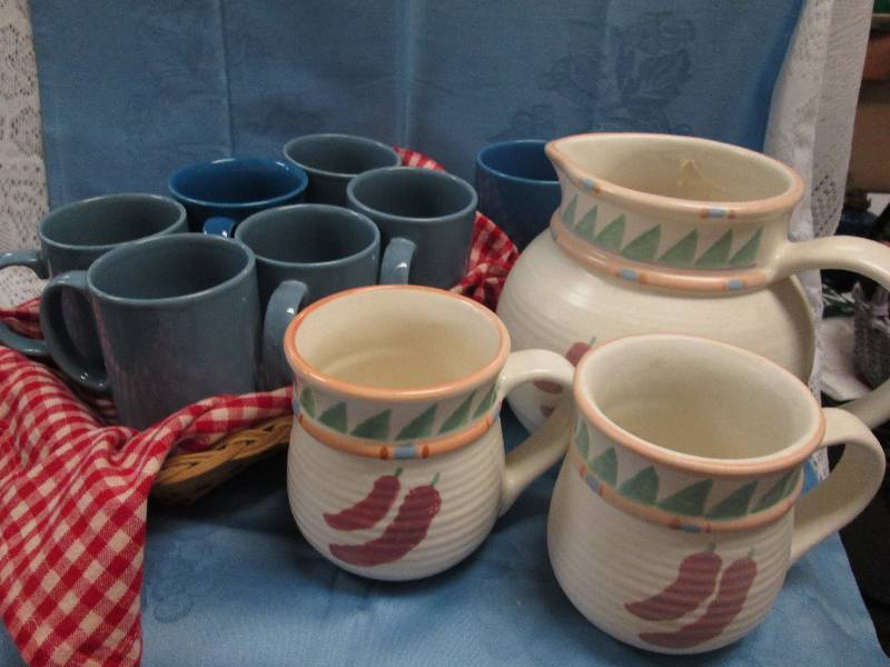Wicker Basket with Mugs and Matching Pitcher, Blue Mugs