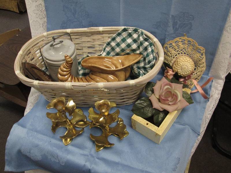 Wicker Basket with Mini-Crock, Brass Candleholders