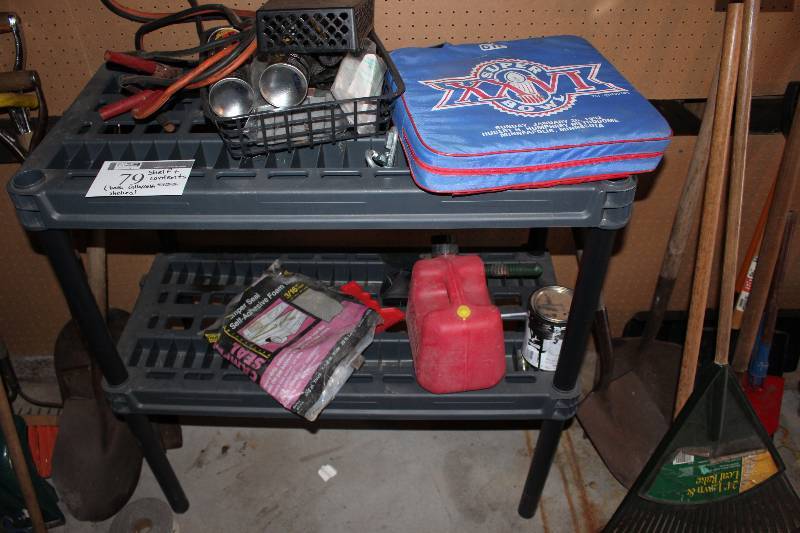 Plastic Shelf, Gas Can, Jumper Cables, etc.