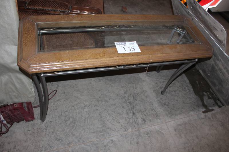 Wooden Table wGlass Insert & Metal Frame.
