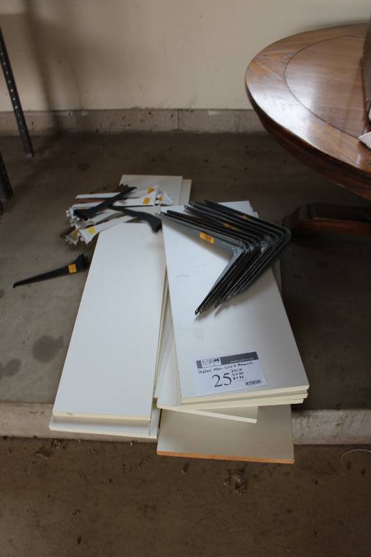 lot 25 image: Melamine Finished Shelves wMounting Brackets Miscellaneous Sizes & Quantities 24 x 10 8 x 24 8 x 36.