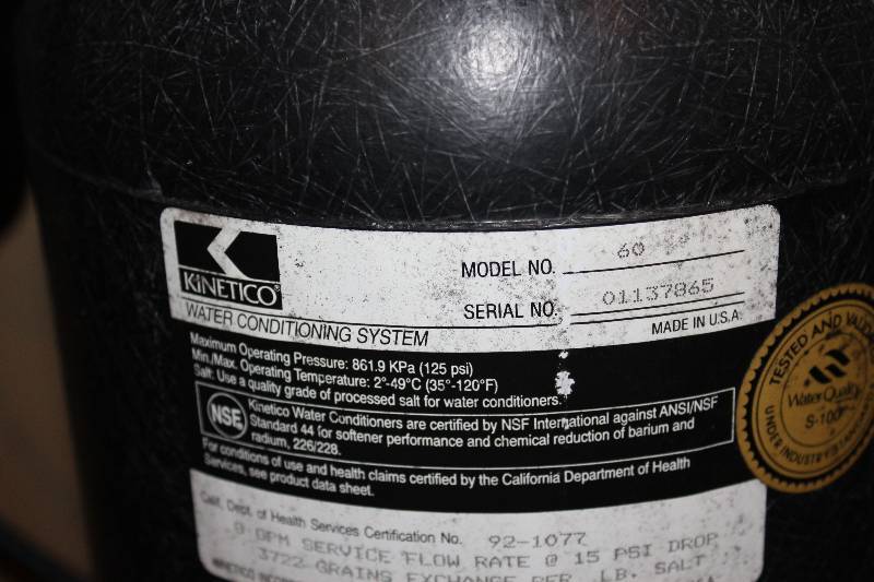 Kinetico Water Conditioning System; Model 60; Serial No. 01137865 ...