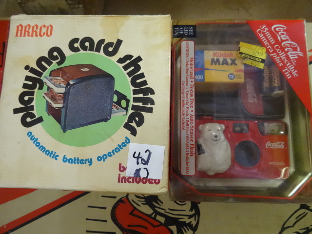 lot 42 image: Automatic Card Shuffler and Vintage Coca Cola 35mm Camera Set