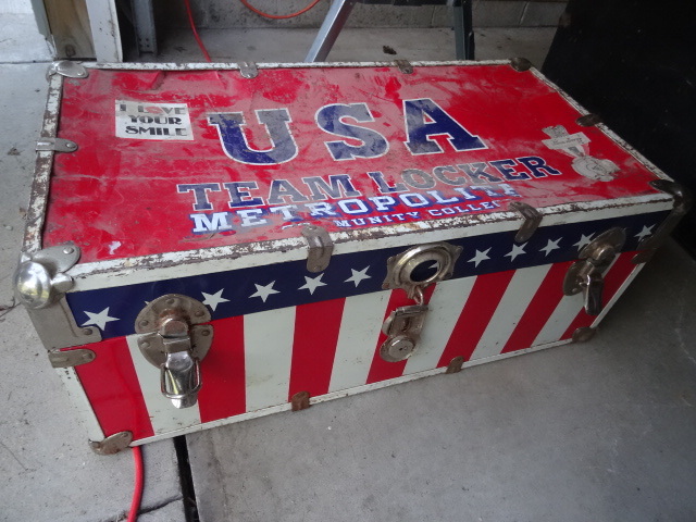 lot 52 image: Red White and Blue Steamer TrunkFoot Locker