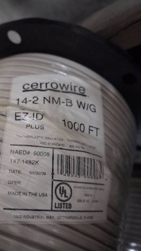 lot 164 image: NEW UNOPENED 1000 Spool of Cerrowire 14-2 NM-B WG EZ-ID Plus 600 Volts NonMetallic Sheathed Cable