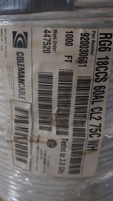 lot 43 image: NEW Unopened 1000 Spool of ColemanCable RG6 18 CCS 60AL CL2 75C WH Cable