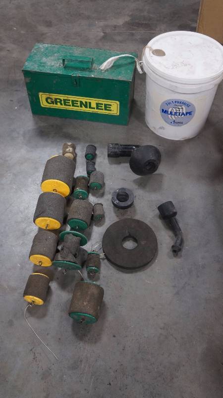 lot 346 image: GREENLEE Pistons (Variety of Sizes), Vacuum Attachment, Mule Tape and GREENLEE Metal Storage Chest