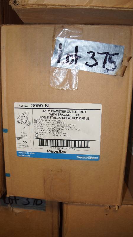lot 375 image: Sealed Box of Thomas&Betts 3.5 Diameter Outlet Box w Bracket for Non-Metallic Sheathed Cable - qty 50