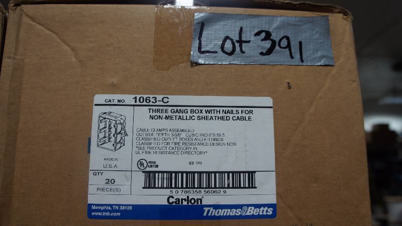lot 391 image: Sealed Box of Thomas&Betts 3 Gang Box w Nails for Non-Metallic Sheathed Cable - qty 20